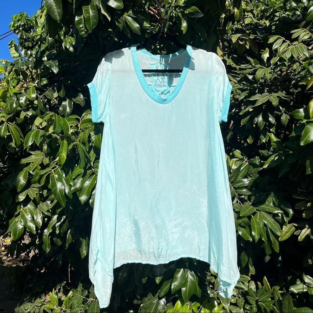 Pete and Greta Johnny Was mint seafoam green‎ sheer shark bite hem top